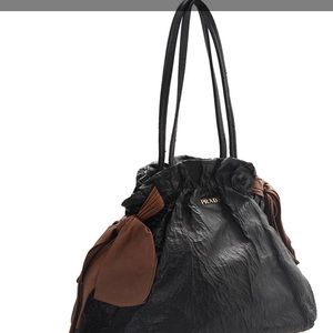 Authentic Prada Leather Bow Tote-Black with Brown Bow
